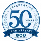50th anniversary badge for Life Adjustment Team featuring a blue circular seal with “Celebrating 50 Years,” laurel accents, and a ribbon banner reading “Anniversary,” with LAT branding at the bottom.