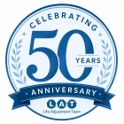 50th anniversary badge for Life Adjustment Team featuring a blue circular seal with “Celebrating 50 Years,” laurel accents, and a ribbon banner reading “Anniversary,” with LAT branding at the bottom.